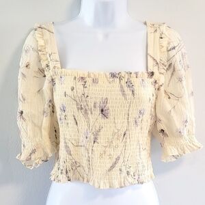 L H&M Cottagecore Milkmaid Boho Fairy Floral Puff Sleeves Peasant Smocked Crop